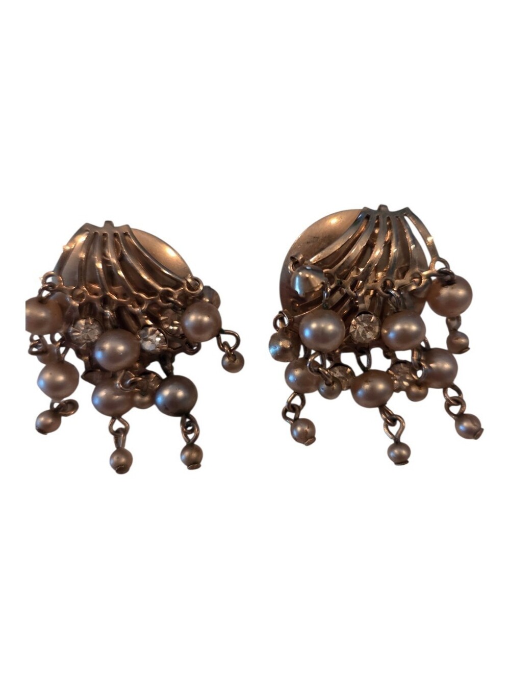 Vintage Mid Century Pearl Rhinestone Waterfall Screw Back Earrings